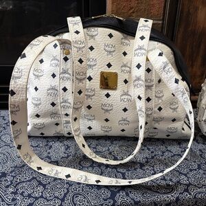 MCM Visetos Monogram Boston Bag / Satchel - White & Black